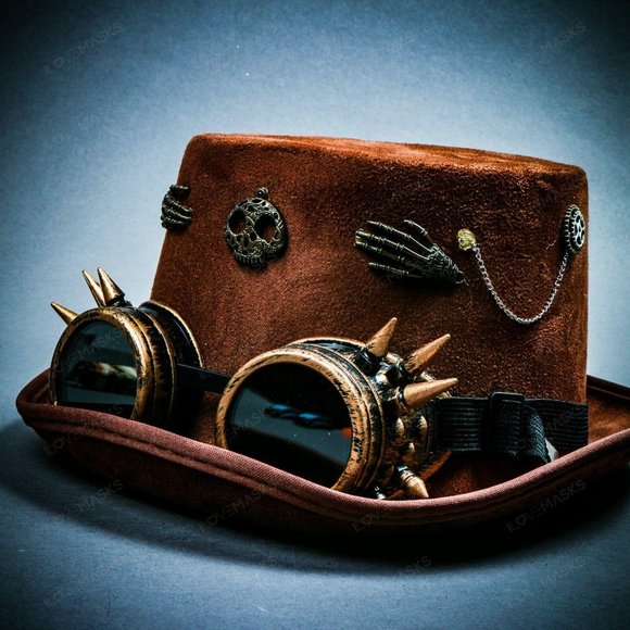 Brown Victoria Steampunk Spike Goggle Party Hat - Picture 1 of 8